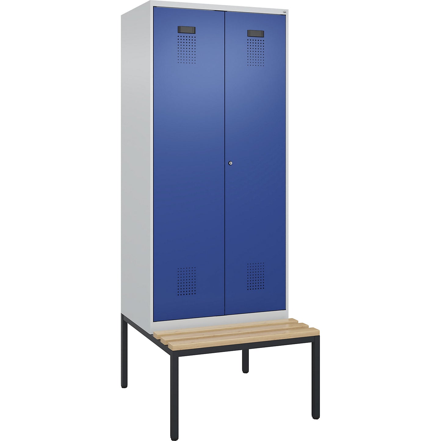 Evolo PLUS clean and dirty bench seat clothes locker, 2 compartments, shortened centre divider, light grey / gentian blue, W 800 mm, cylinder lock, with bench fitted below, beech.