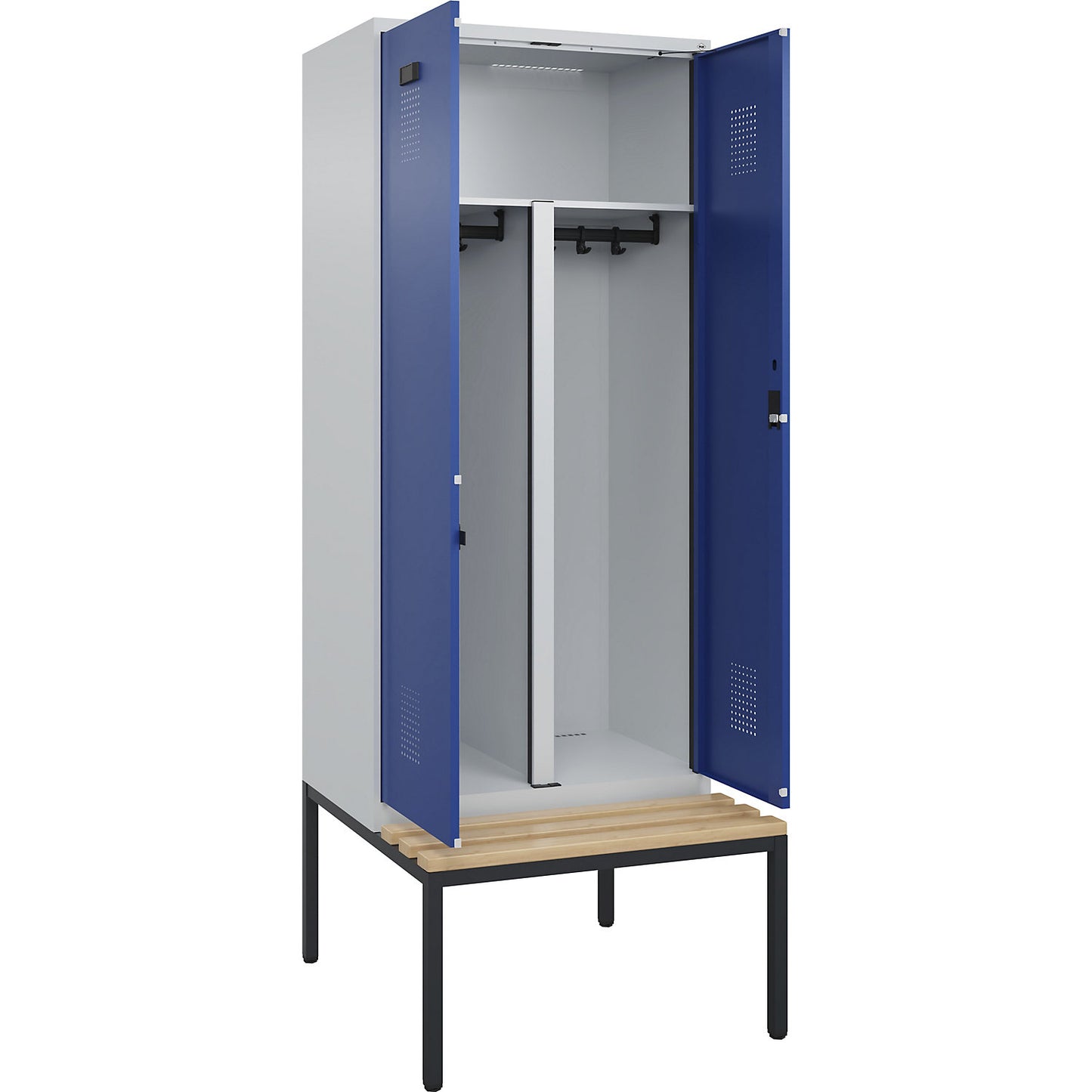 Evolo PLUS clean and dirty bench seat clothes locker, 2 compartments, shortened centre divider, light grey / gentian blue, W 800 mm, cylinder lock, with bench fitted below, beech.