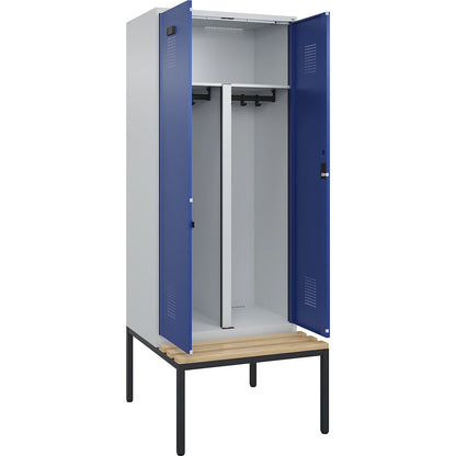 Evolo PLUS clean and dirty bench seat clothes locker, 2 compartments, shortened centre divider, light grey / gentian blue, W 800 mm, cylinder lock, with bench fitted below, beech.