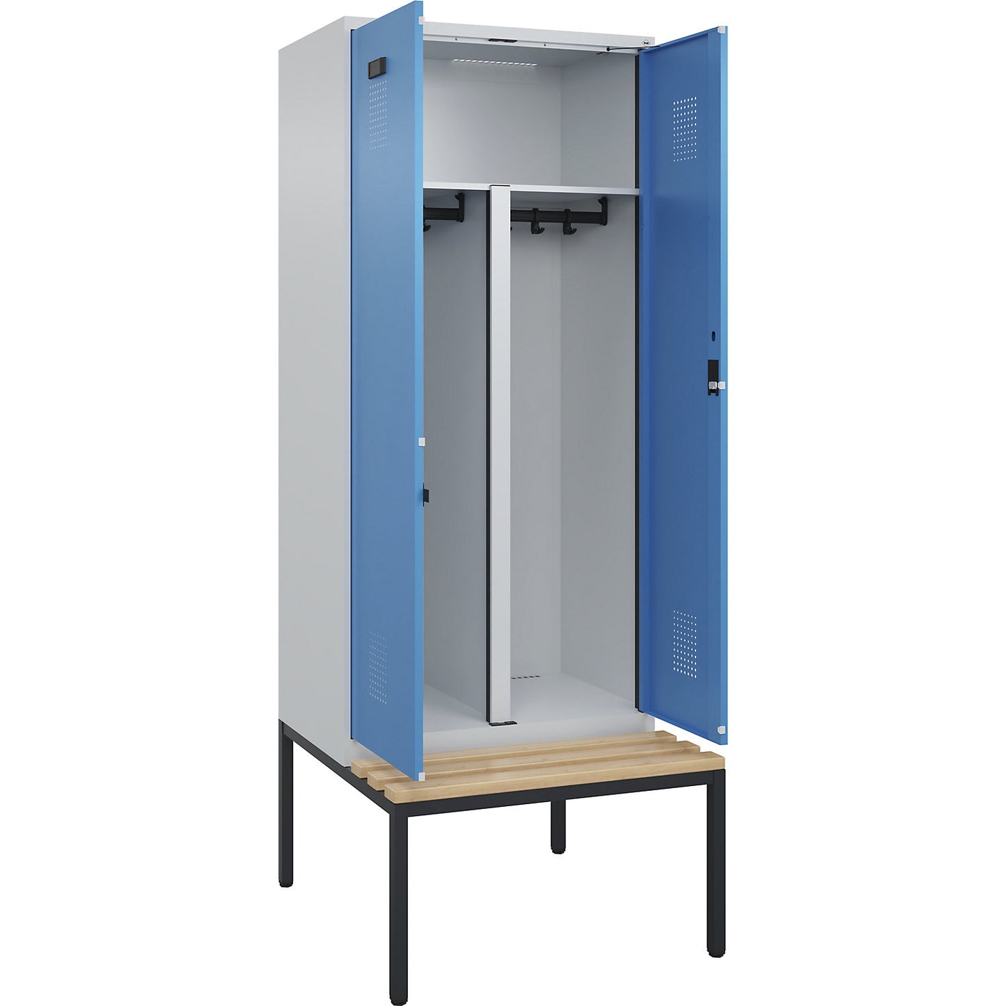 Evolo PLUS clean and dirty bench seat clothes locker, 2 compartments, shortened centre divider, light grey / light blue, W 800 mm, cylinder lock, with bench fitted below, beech.
