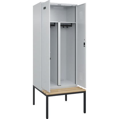 Evolo PLUS clean and dirty bench seat clothes locker, 2 compartments, shortened centre divider, light grey / light grey, W 800 mm, cylinder lock, with bench fitted below, beech.