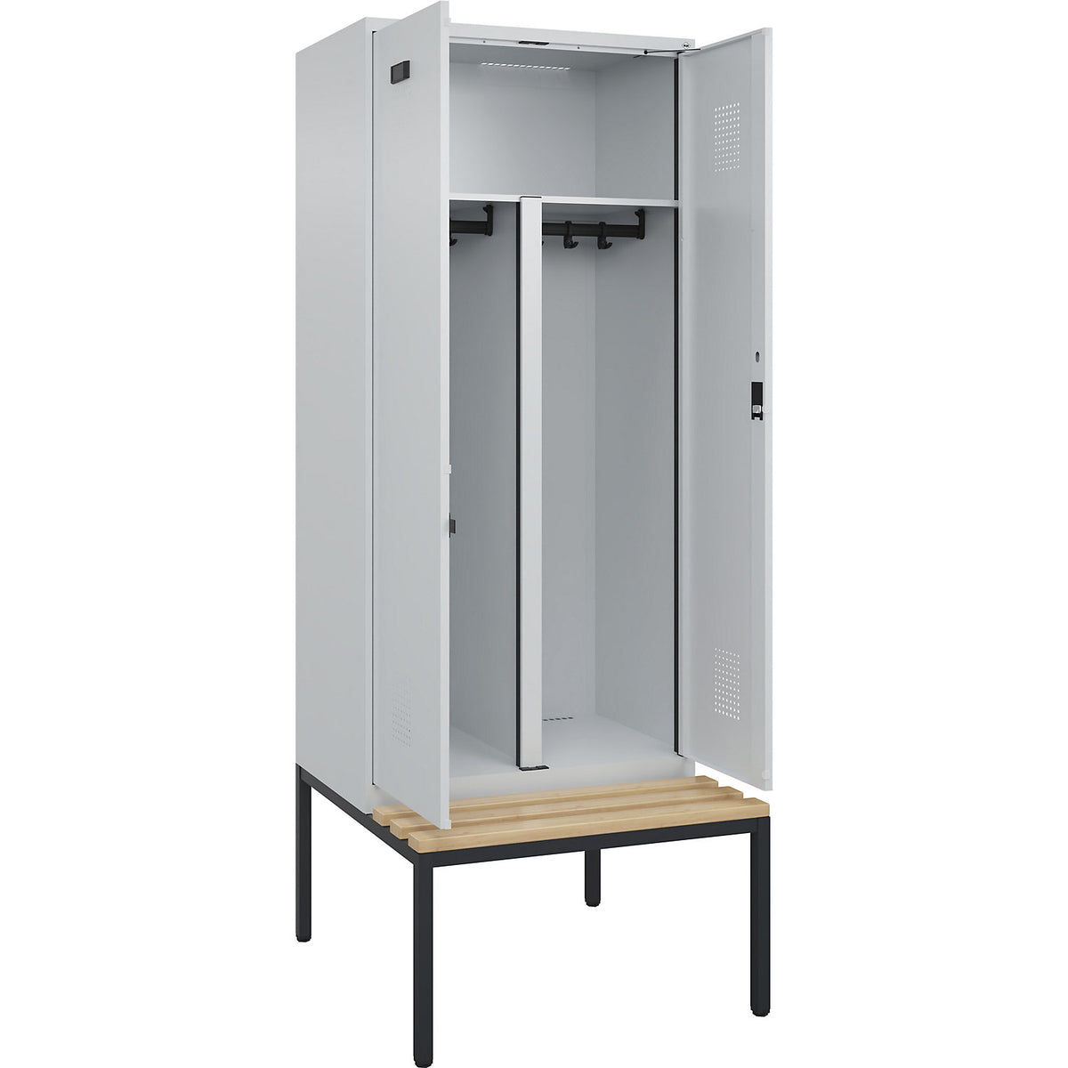 Evolo PLUS clean and dirty bench seat clothes locker, 2 compartments, shortened centre divider, light grey / light grey, W 800 mm, cylinder lock, with bench fitted below, beech.