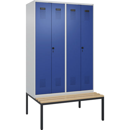 Evolo PLUS clean and dirty bench seat clothes locker, 4 compartments, shortened centre divider, light grey / gentian blue, W 1200 mm, security rotary bolt, with bench fitted below, beech.