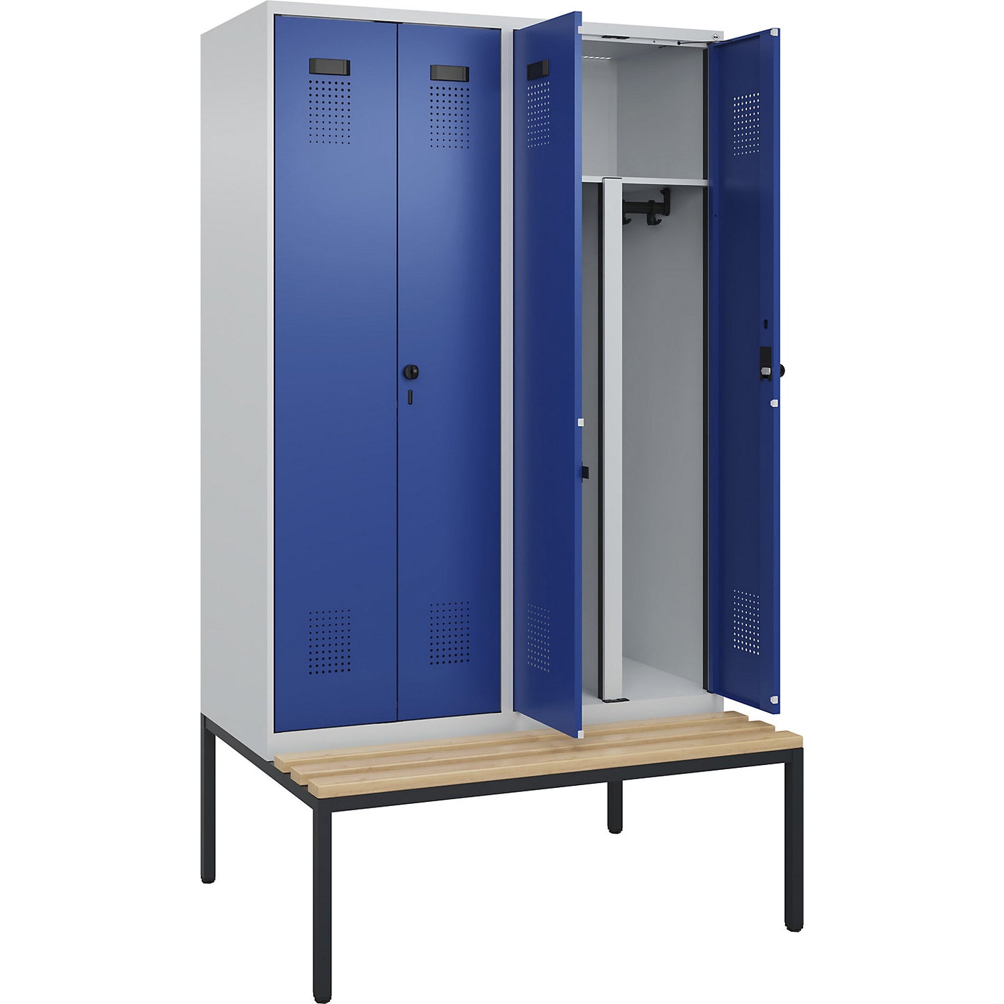 Evolo PLUS clean and dirty bench seat clothes locker, 4 compartments, shortened centre divider, light grey / gentian blue, W 1200 mm, security rotary bolt, with bench fitted below, beech.