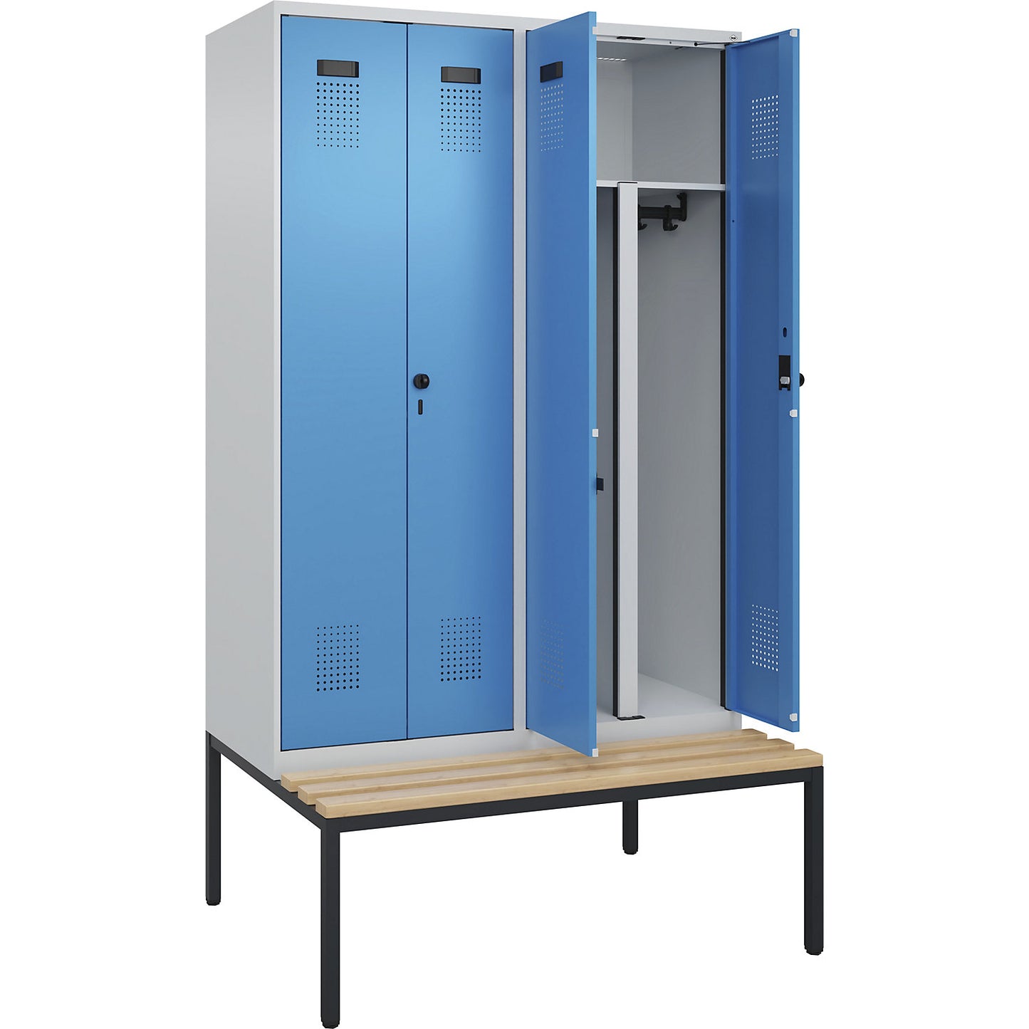 Evolo PLUS clean and dirty bench seat clothes locker, 4 compartments, shortened centre divider, light grey / light blue, W 1200 mm, security rotary bolt, with bench fitted below, beech.