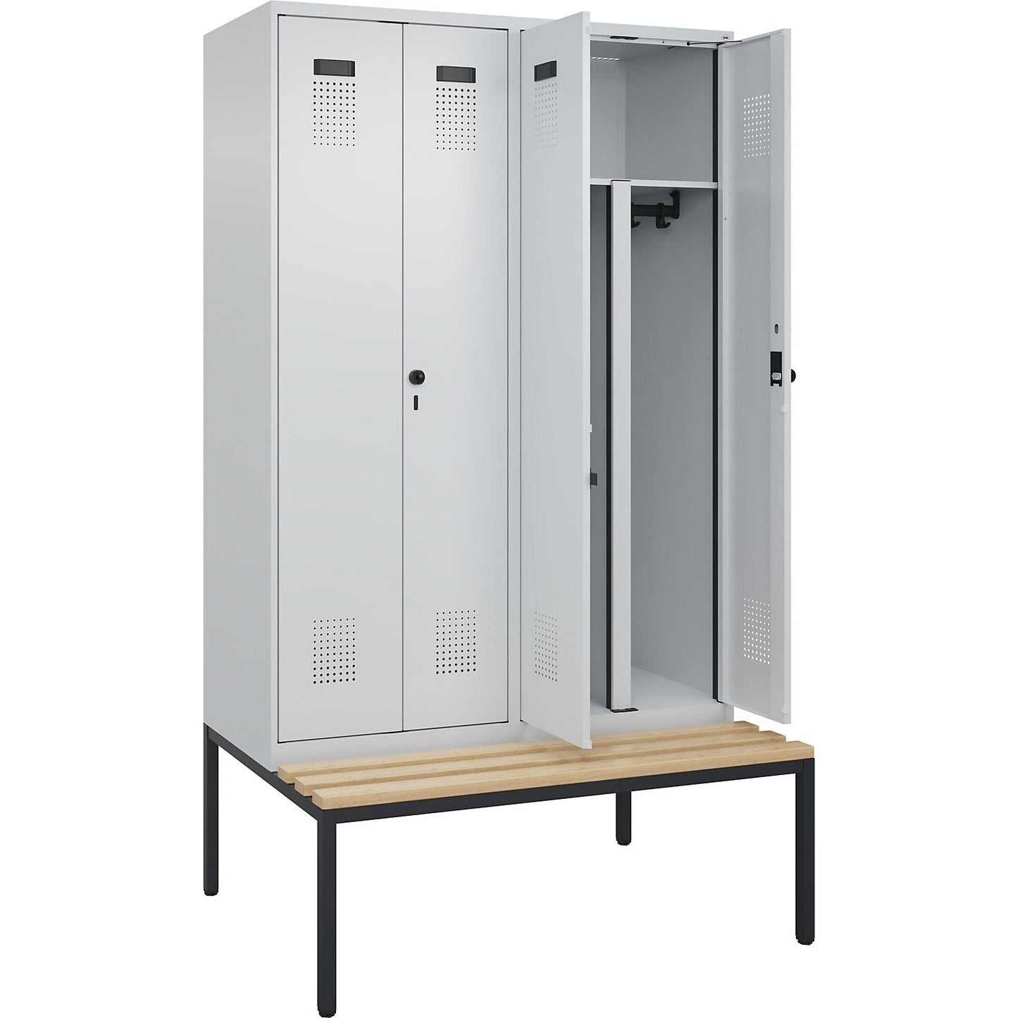 Evolo PLUS clean and dirty bench seat clothes locker, 4 compartments, shortened centre divider, light grey / light grey, W 1200 mm, security rotary bolt, with bench fitted below, beech.