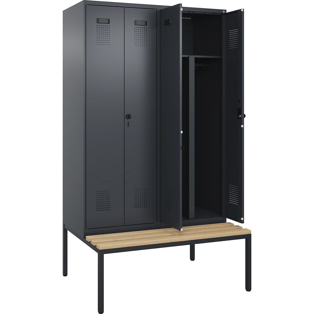 Evolo PLUS clean and dirty bench seat clothes locker, 4 compartments, shortened centre divider, grey, W 1200 mm, security rotary bolt, with bench fitted below, beech.