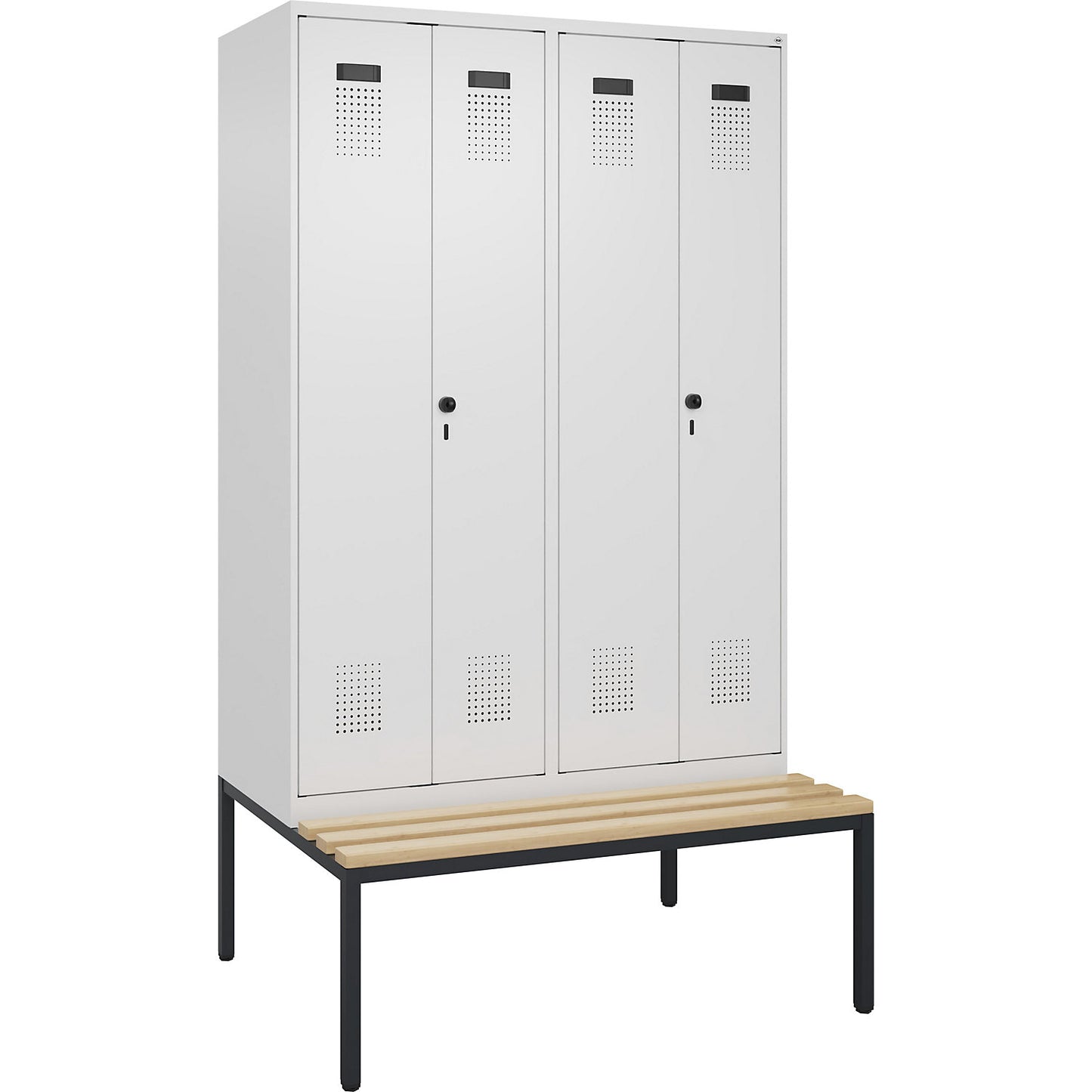 Evolo PLUS clean and dirty bench seat clothes locker, 4 compartments, shortened centre divider, white, W 1200 mm, security rotary bolt, with bench fitted below, beech.