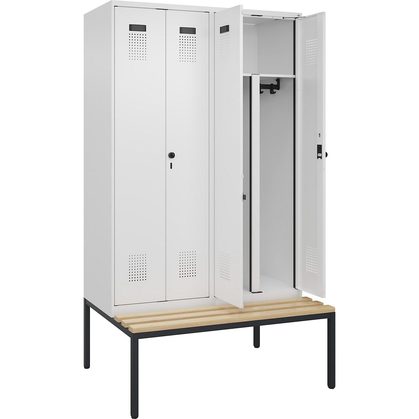 Evolo PLUS clean and dirty bench seat clothes locker, 4 compartments, shortened centre divider, white, W 1200 mm, security rotary bolt, with bench fitted below, beech.