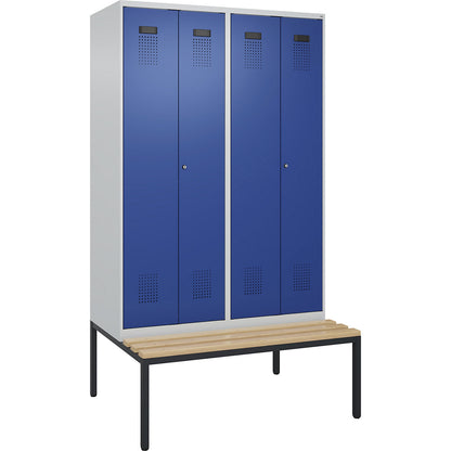 Evolo PLUS clean and dirty bench seat clothes locker, 4 compartments, shortened centre divider, light grey / gentian blue, W 1200 mm, cylinder lock, with bench fitted below, beech.