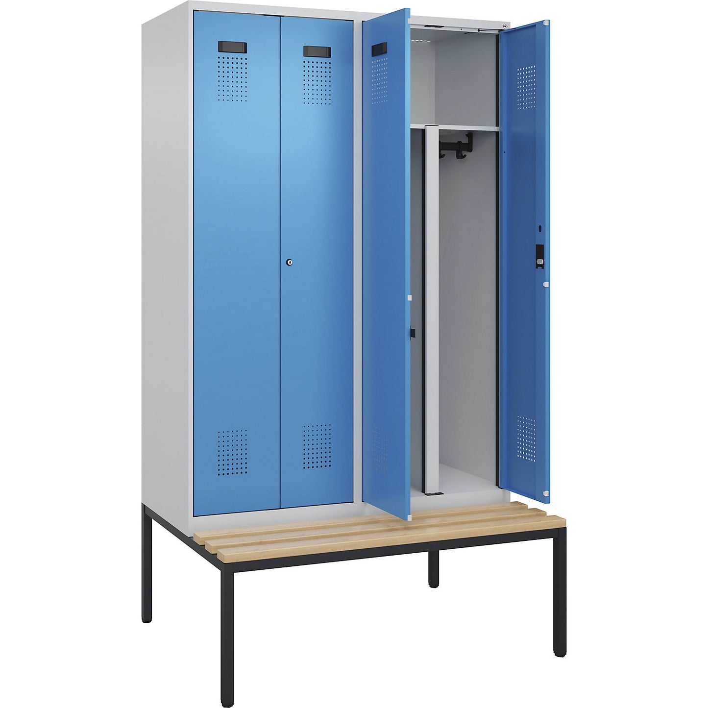 Evolo PLUS clean and dirty bench seat clothes locker, 4 compartments, shortened centre divider, light grey / light blue, W 1200 mm, cylinder lock, with bench fitted below, beech.