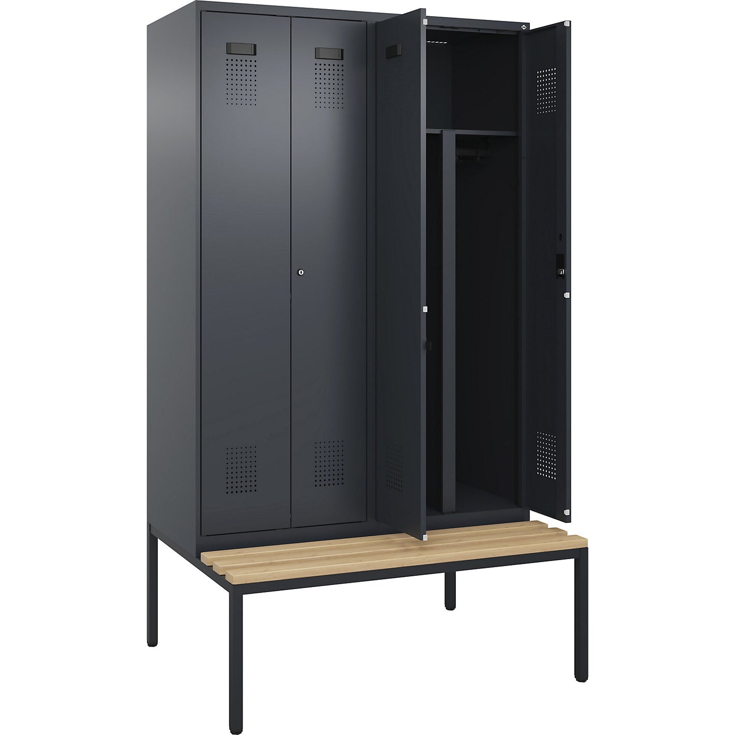 Evolo PLUS clean and dirty bench seat clothes locker, 4 compartments, shortened centre divider, grey, W 1200 mm, cylinder lock, with bench fitted below, beech.