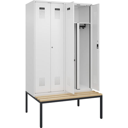 Evolo PLUS clean and dirty bench seat clothes locker, 4 compartments, shortened centre divider, white, W 1200 mm, cylinder lock, with bench fitted below, beech.