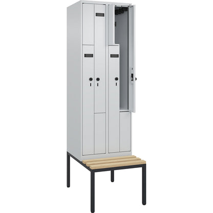 Evolo PLUS bench seat Z locker, 2 compartments, light grey / light grey, W 600 mm, security rotary bolt, with bench fitted below, beech.