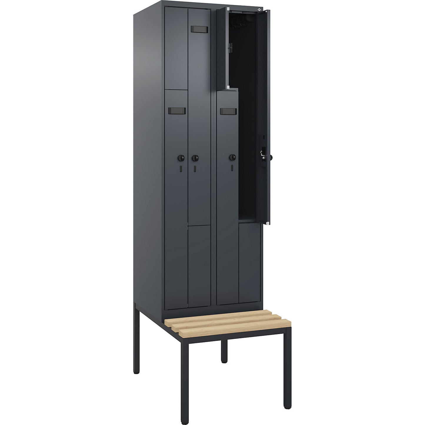 Evolo PLUS bench seat Z locker, 2 compartments, grey, W 600 mm, security rotary bolt, with bench fitted below, beech.