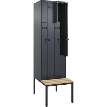 Evolo PLUS bench seat Z locker, 2 compartments, grey, W 600 mm, security rotary bolt, with bench fitted below, beech.