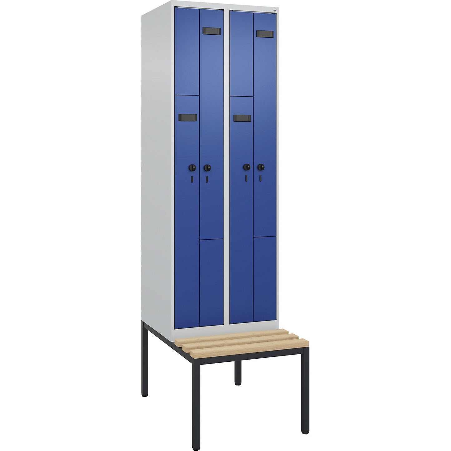 Evolo PLUS bench seat Z locker, 2 compartments, light grey / gentian blue, W 600 mm, security rotary bolt, with bench fitted below, beech.