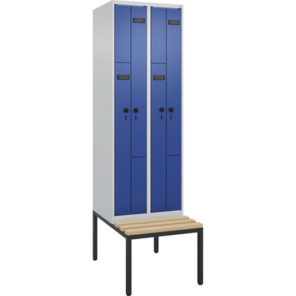 Evolo PLUS bench seat Z locker, 2 compartments, light grey / gentian blue, W 600 mm, security rotary bolt, with bench fitted below, beech.