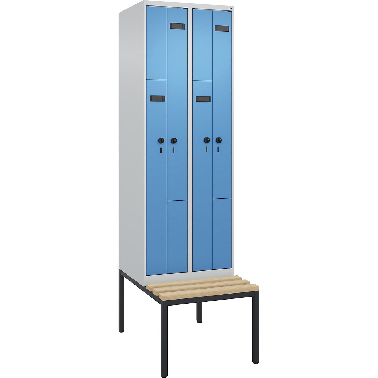 Evolo PLUS bench seat Z locker, 2 compartments, light grey / light blue, W 600 mm, security rotary bolt, with bench fitted below, beech.