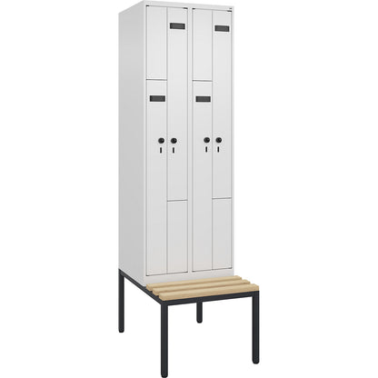 Evolo PLUS bench seat Z locker, 2 compartments, white, W 600 mm, security rotary bolt, with bench fitted below, beech.