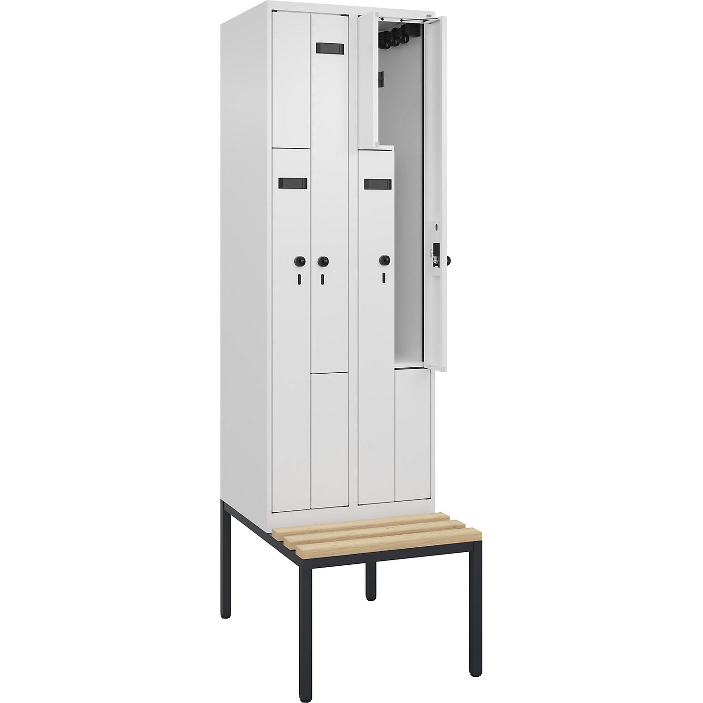 Evolo PLUS bench seat Z locker, 2 compartments, white, W 600 mm, security rotary bolt, with bench fitted below, beech.