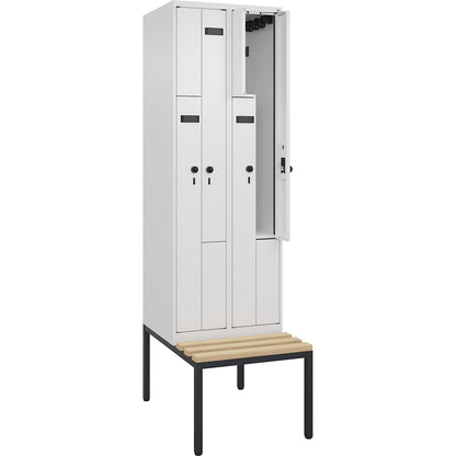 Evolo PLUS bench seat Z locker, 2 compartments, white, W 600 mm, security rotary bolt, with bench fitted below, beech.