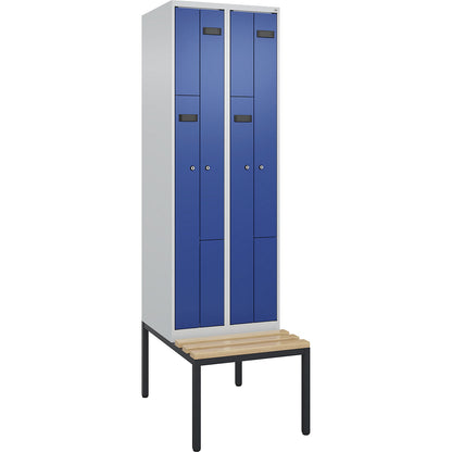 Evolo PLUS bench seat Z locker, 2 compartments, light grey / gentian blue, W 600 mm, cylinder lock, with bench fitted below, beech.