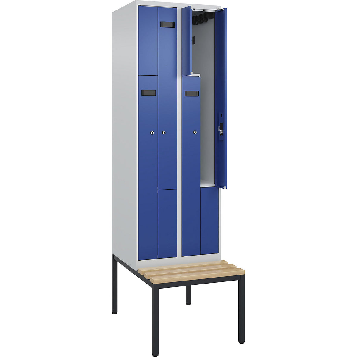 Evolo PLUS bench seat Z locker, 2 compartments, light grey / gentian blue, W 600 mm, cylinder lock, with bench fitted below, beech.