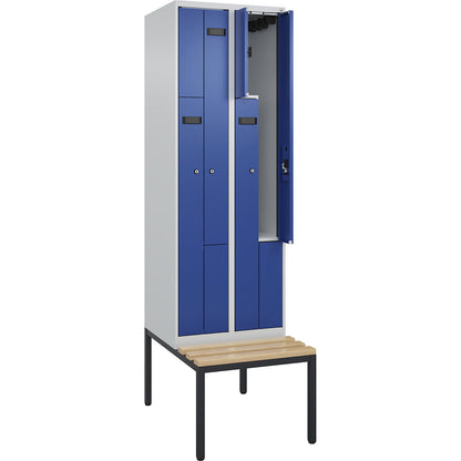 Evolo PLUS bench seat Z locker, 2 compartments, light grey / gentian blue, W 600 mm, cylinder lock, with bench fitted below, beech.