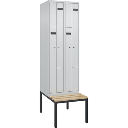 Evolo PLUS bench seat Z locker, 2 compartments, light grey / light grey, W 600 mm, cylinder lock, with bench fitted below, beech.