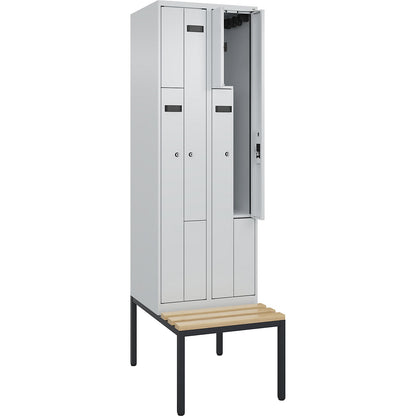 Evolo PLUS bench seat Z locker, 2 compartments, light grey / light grey, W 600 mm, cylinder lock, with bench fitted below, beech.