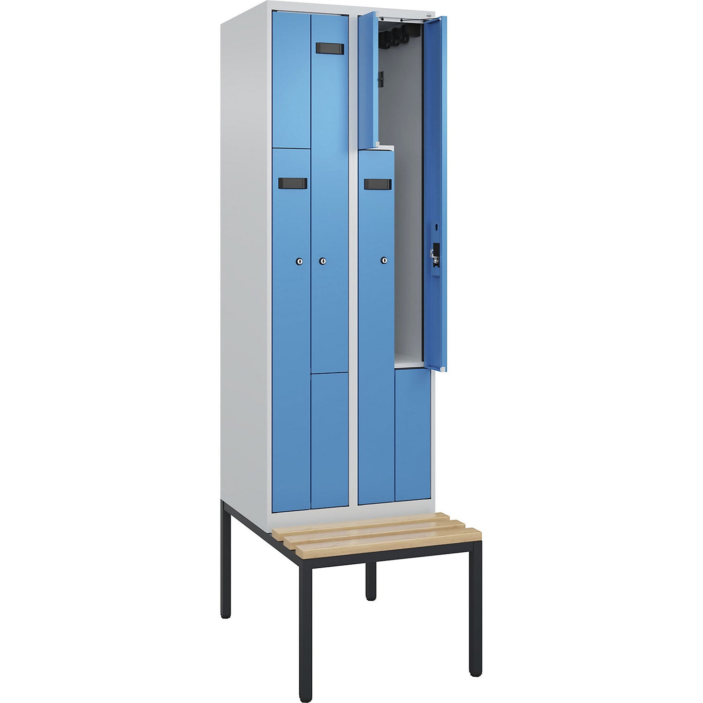 Evolo PLUS bench seat Z locker, 2 compartments, light grey / light blue, W 600 mm, cylinder lock, with bench fitted below, beech.
