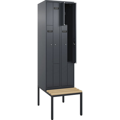 Evolo PLUS bench seat Z locker, 2 compartments, grey, W 600 mm, cylinder lock, with bench fitted below, beech.
