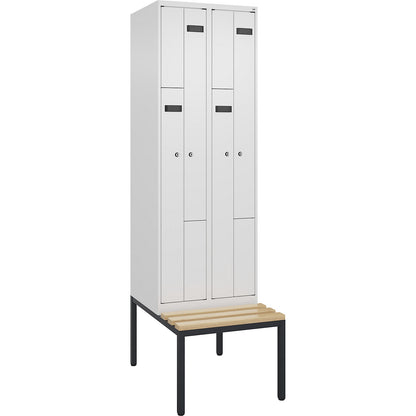 Evolo PLUS bench seat Z locker, 2 compartments, white, W 600 mm, cylinder lock, with bench fitted below, beech.