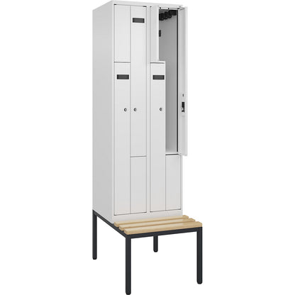 Evolo PLUS bench seat Z locker, 2 compartments, white, W 600 mm, cylinder lock, with bench fitted below, beech.
