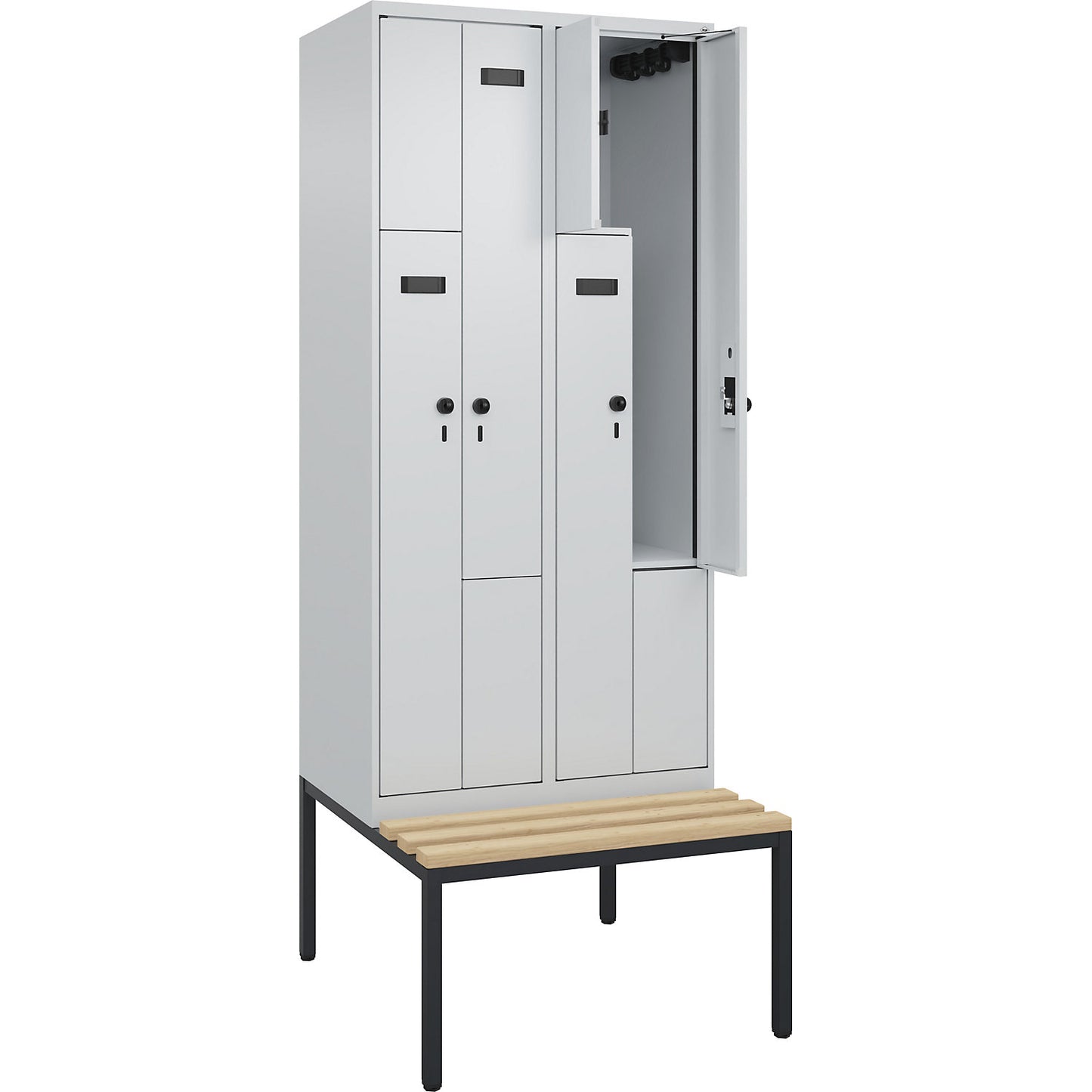 Evolo PLUS bench seat Z locker, 2 compartments, light grey / light grey, W 800 mm, security rotary bolt, with bench fitted below, beech.