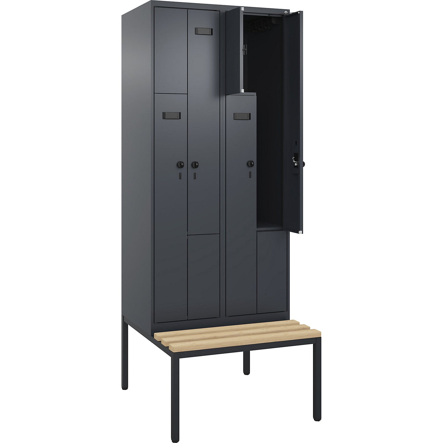 Evolo PLUS bench seat Z locker, 2 compartments, grey, W 800 mm, security rotary bolt, with bench fitted below, beech.
