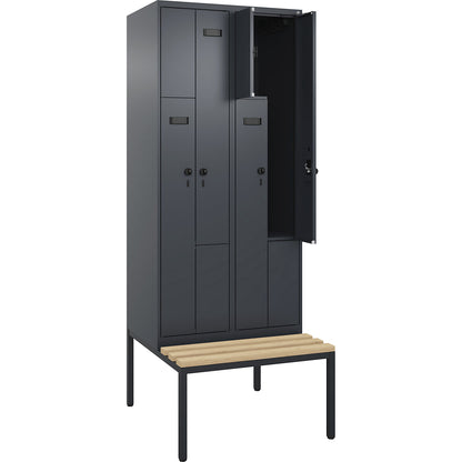 Evolo PLUS bench seat Z locker, 2 compartments, grey, W 800 mm, security rotary bolt, with bench fitted below, beech.