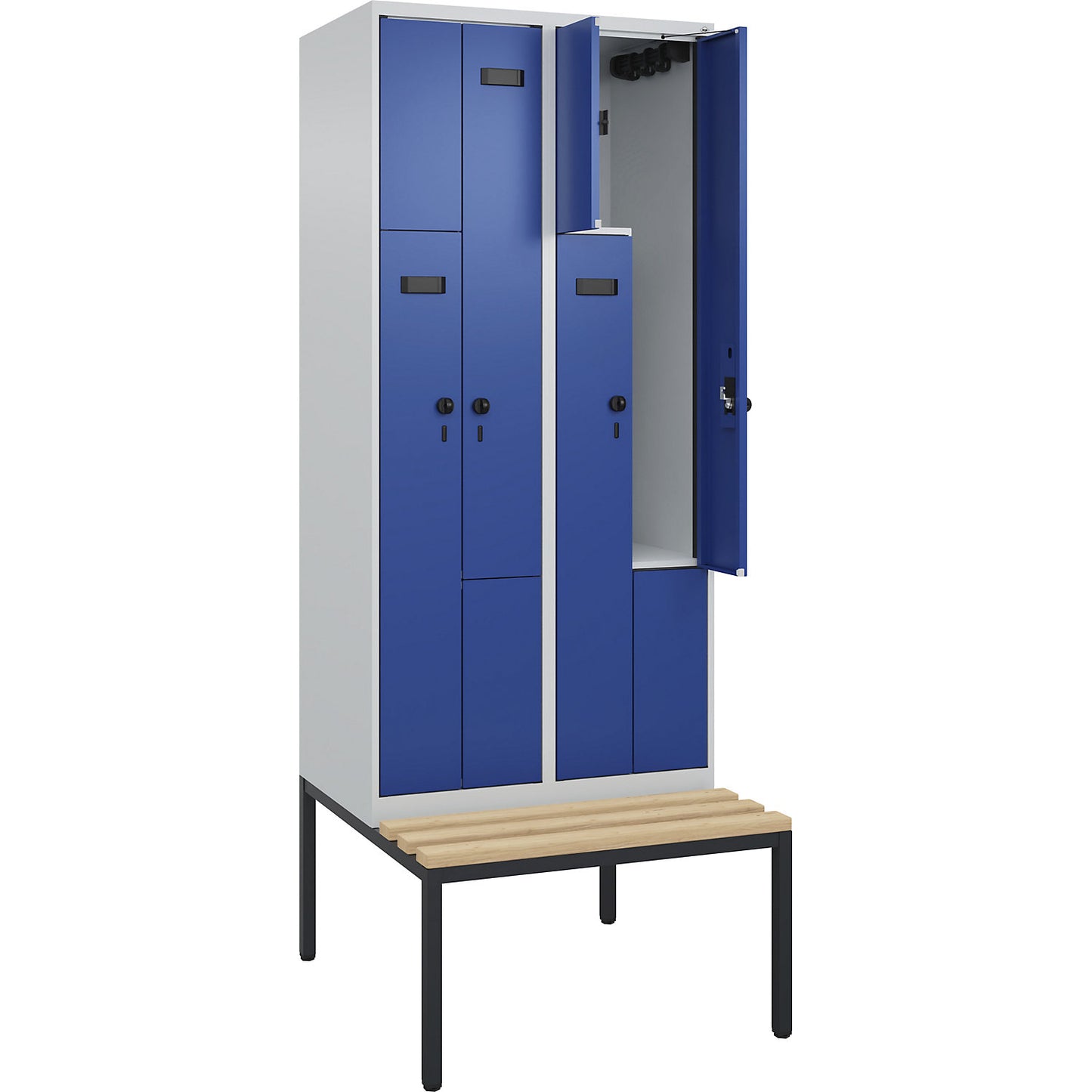 Evolo PLUS bench seat Z locker, 2 compartments, light grey / gentian blue, W 800 mm, security rotary bolt, with bench fitted below, beech.