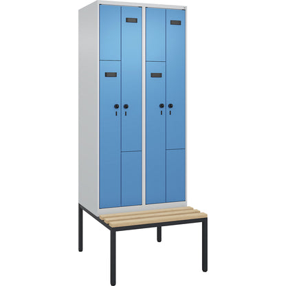 Evolo PLUS bench seat Z locker, 2 compartments, light grey / light blue, W 800 mm, security rotary bolt, with bench fitted below, beech.