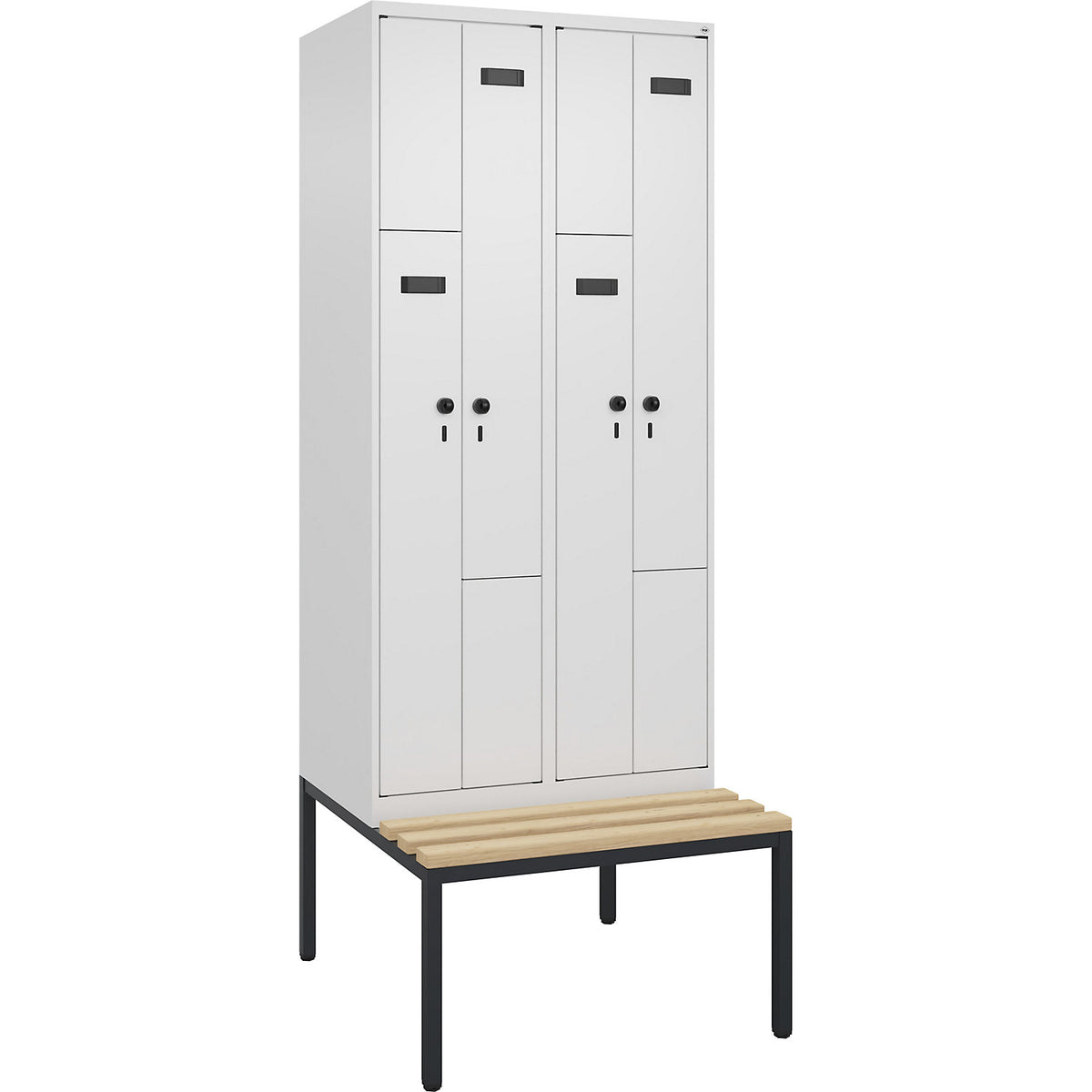 Evolo PLUS bench seat Z locker, 2 compartments, white, W 800 mm, security rotary bolt, with bench fitted below, beech.