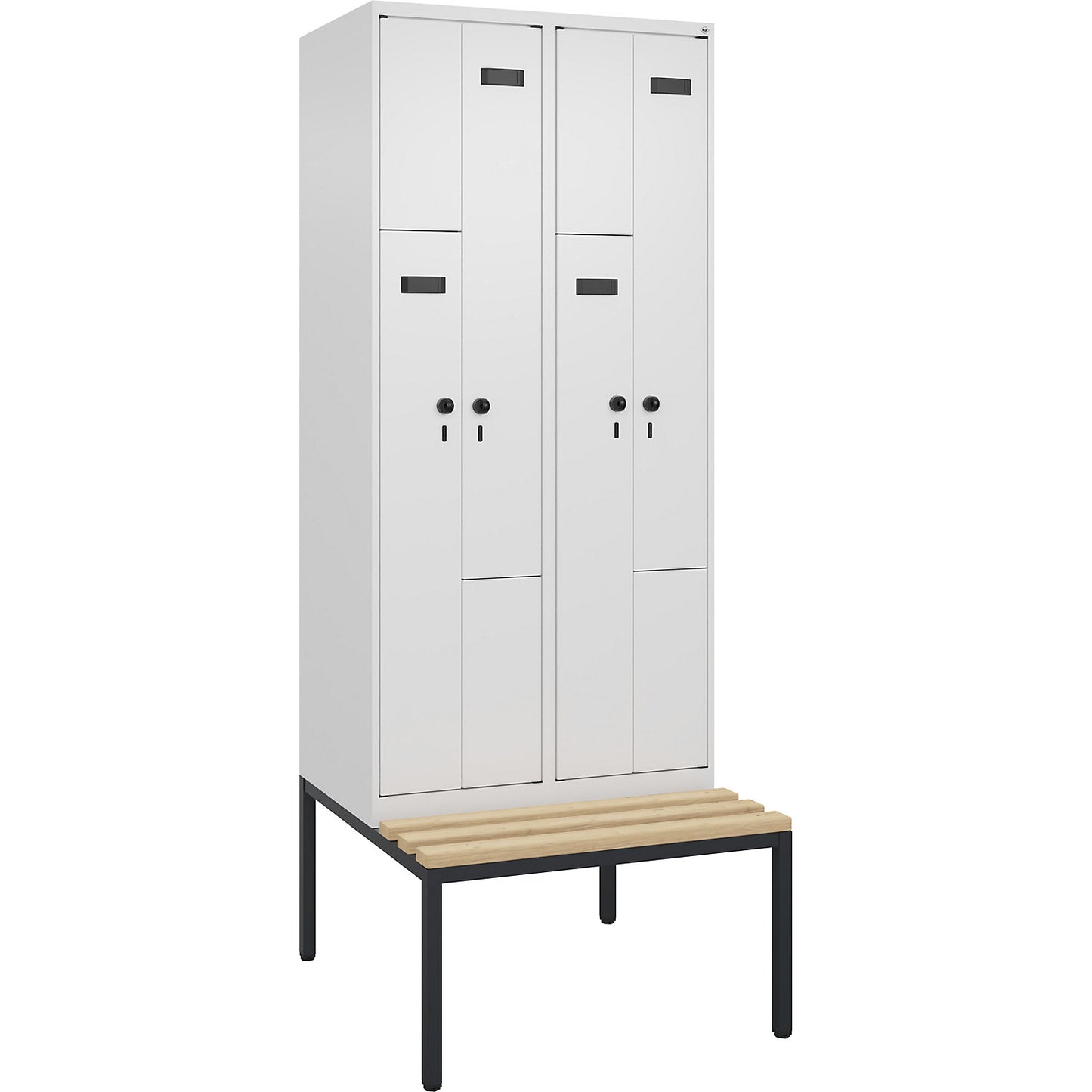 Evolo PLUS bench seat Z locker, 2 compartments, white, W 800 mm, security rotary bolt, with bench fitted below, beech.