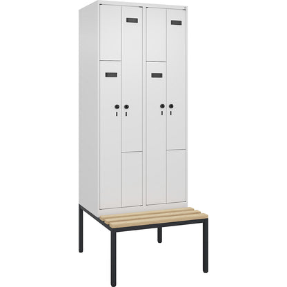 Evolo PLUS bench seat Z locker, 2 compartments, white, W 800 mm, security rotary bolt, with bench fitted below, beech.