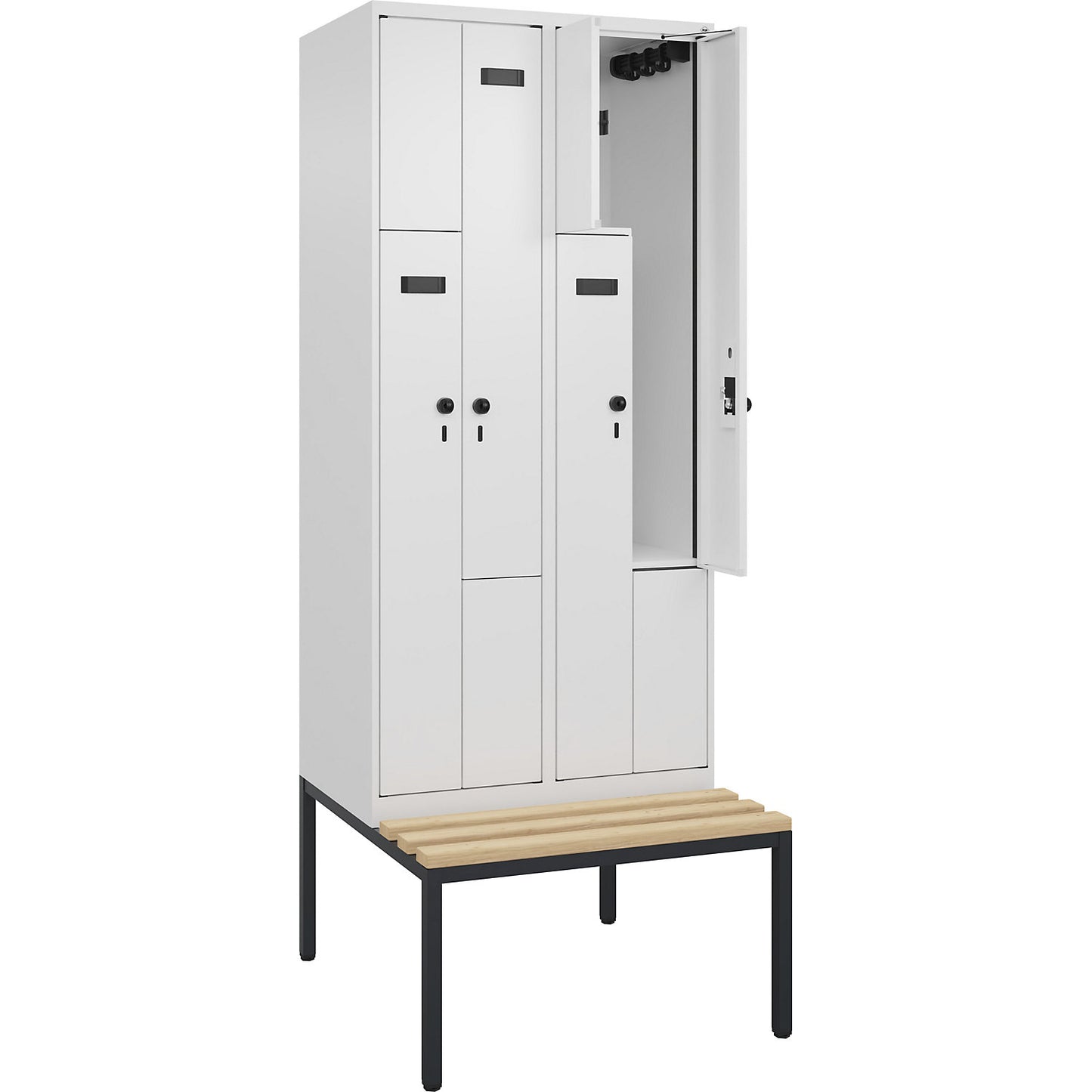Evolo PLUS bench seat Z locker, 2 compartments, white, W 800 mm, security rotary bolt, with bench fitted below, beech.