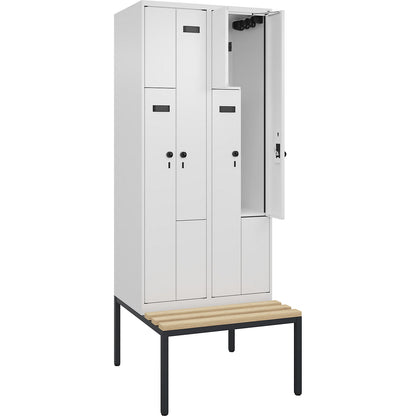 Evolo PLUS bench seat Z locker, 2 compartments, white, W 800 mm, security rotary bolt, with bench fitted below, beech.