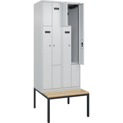 Evolo PLUS bench seat Z locker, 2 compartments, light grey / light grey, W 800 mm, cylinder lock, with bench fitted below, beech.