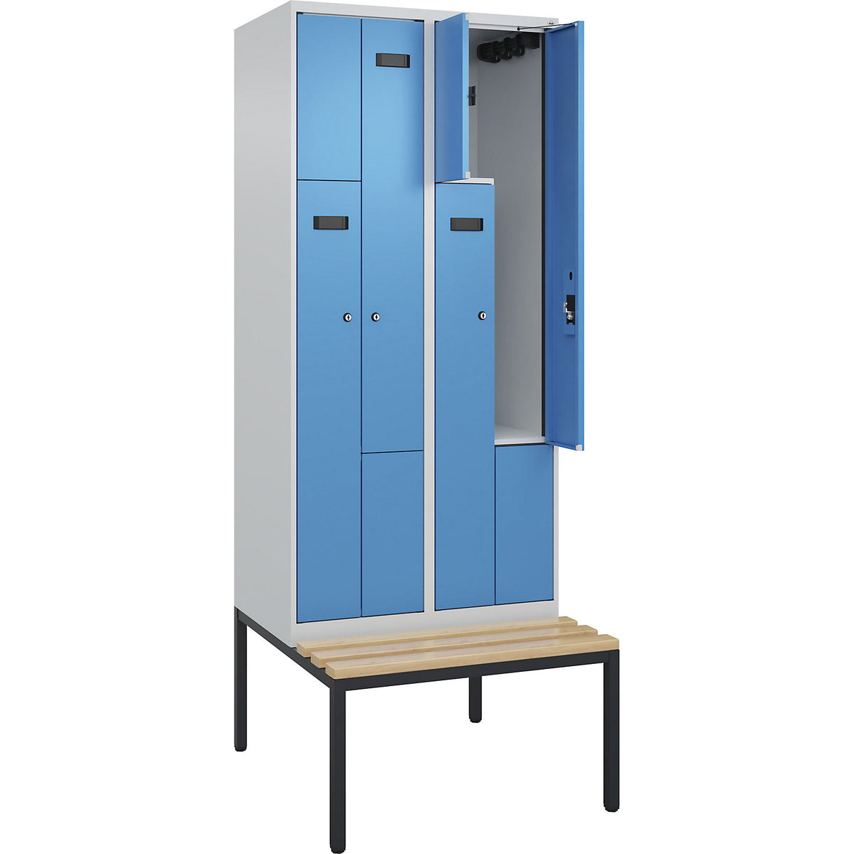 Evolo PLUS bench seat Z locker, 2 compartments, light grey / light blue, W 800 mm, cylinder lock, with bench fitted below, beech.