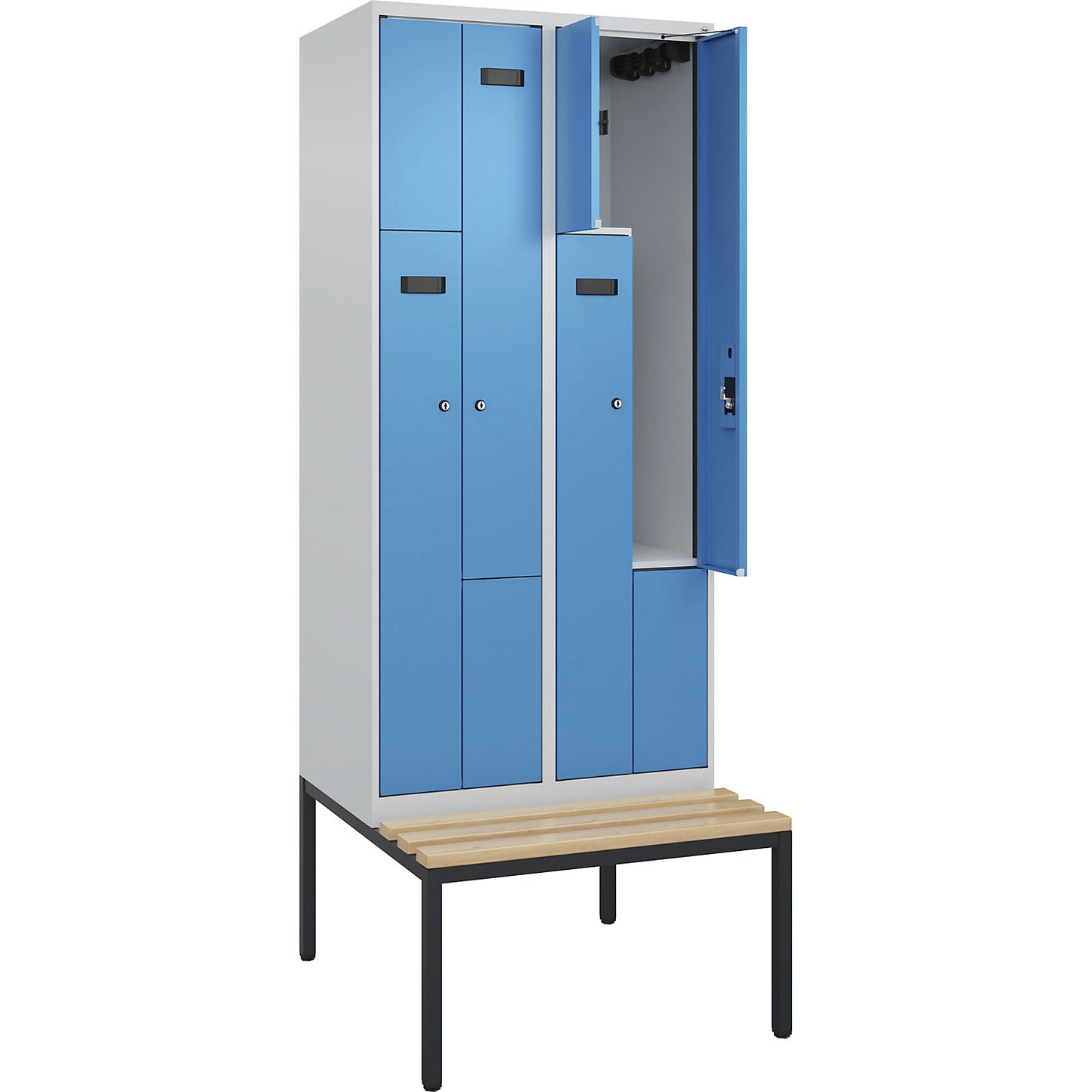 Evolo PLUS bench seat Z locker, 2 compartments, light grey / light blue, W 800 mm, cylinder lock, with bench fitted below, beech.