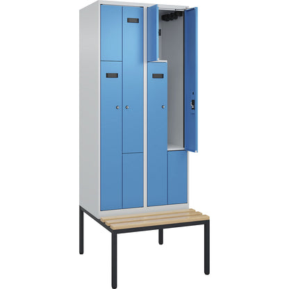 Evolo PLUS bench seat Z locker, 2 compartments, light grey / light blue, W 800 mm, cylinder lock, with bench fitted below, beech.