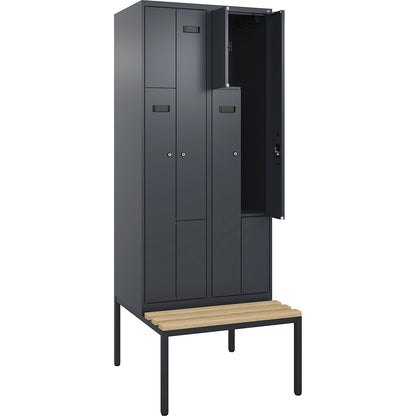 Evolo PLUS bench seat Z locker, 2 compartments, grey, W 800 mm, cylinder lock, with bench fitted below, beech.